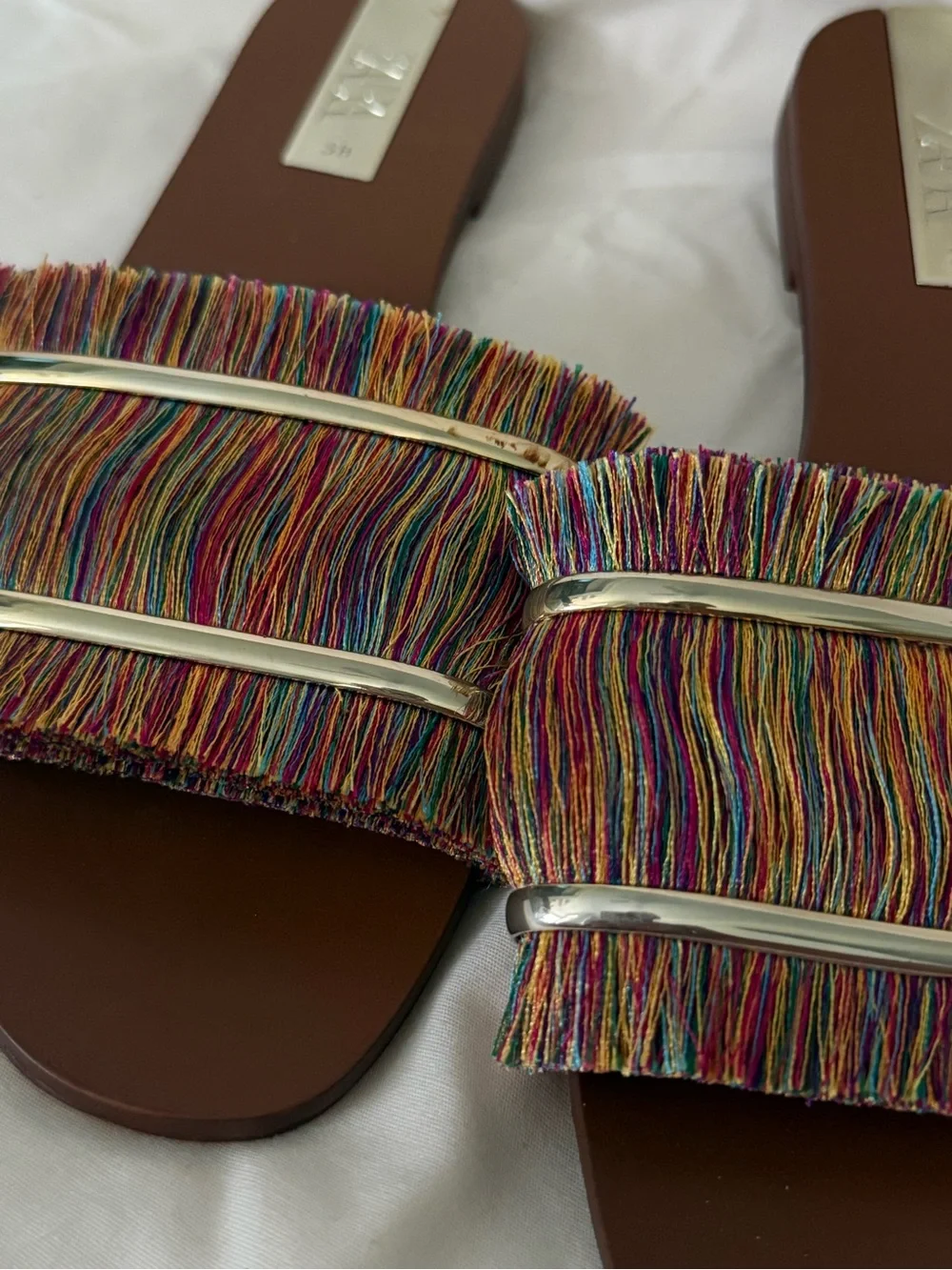 Zara Multicolor Fringe Slide Sandals with Brown Footbed